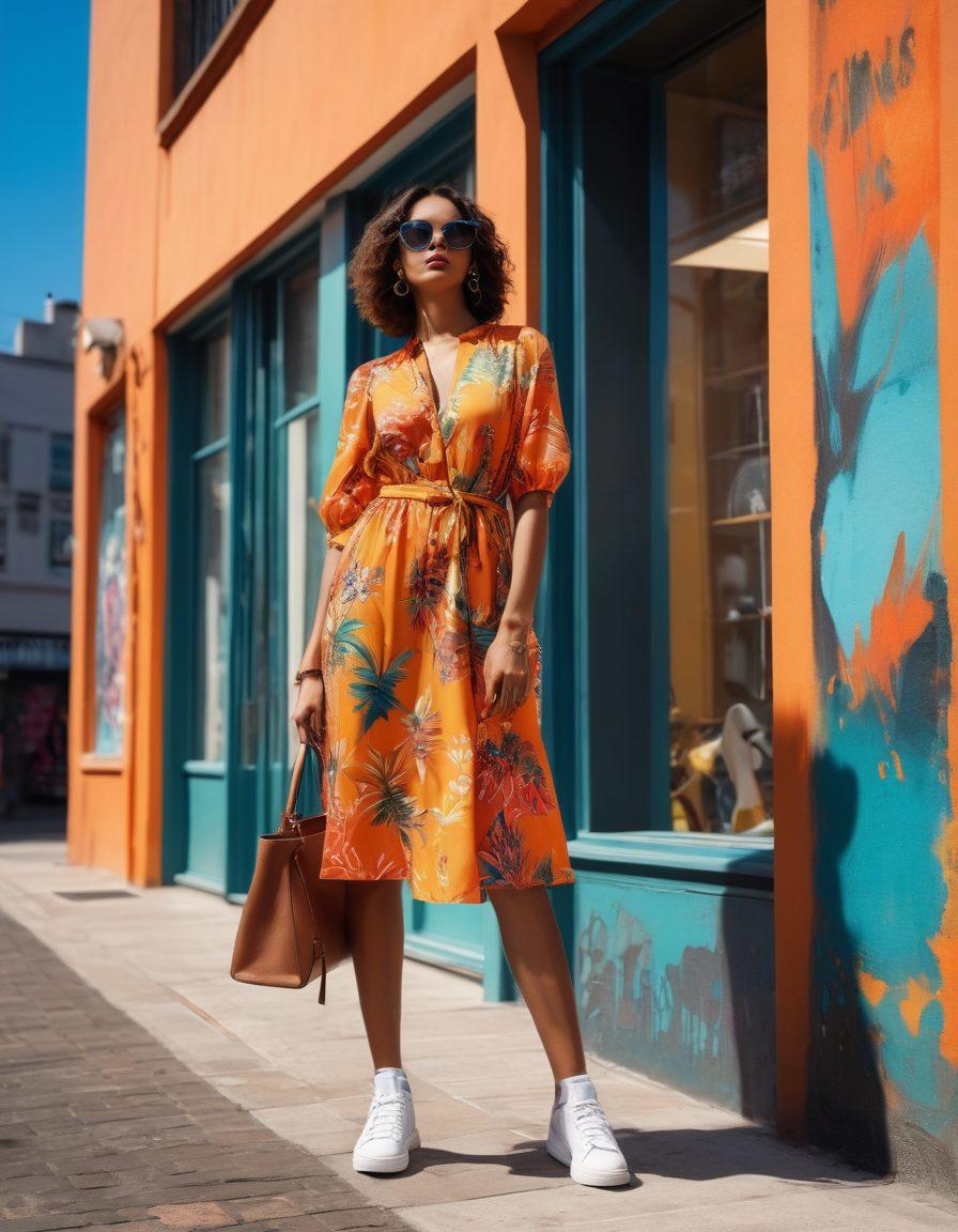 A stylish woman confidently showcases a mix of chic and casual outfits in a vibrant urban setting, surrounded by mannequins displaying the latest fashion trends. Incorporate bold patterns, textures, and colors, along with accessories like handbags and shoes to enhance the fashion vibe. The background features lively street art and a sunny atmosphere, encapsulating a sense of modern elegance. super-realistic. vibrant colors. urban backdrop.
